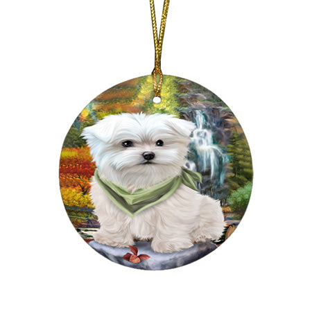 Scenic Waterfall Maltese Dog Round Flat Christmas Ornament RFPOR49481