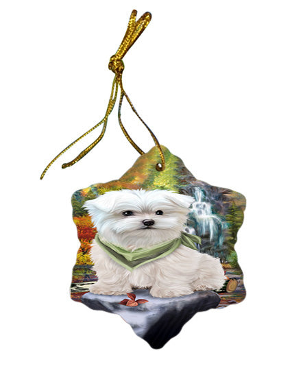 Scenic Waterfall Maltese Dog Star Porcelain Ornament SPOR49482