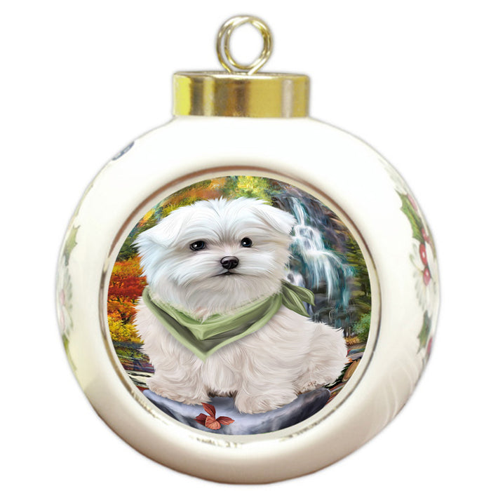 Scenic Waterfall Maltese Dog Round Ball Christmas Ornament RBPOR49490