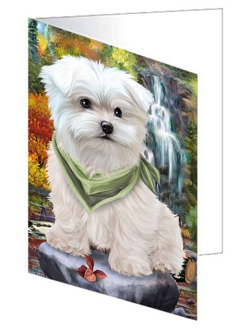 Scenic Waterfall Maltese Dog Handmade Artwork Assorted Pets Greeting Cards and Note Cards with Envelopes for All Occasions and Holiday Seasons GCD52397