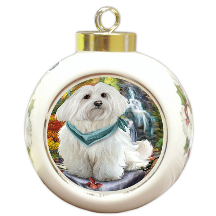Scenic Waterfall Maltese Dog Round Ball Christmas Ornament RBPOR49491