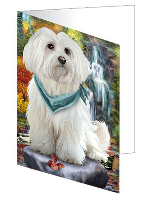 Scenic Waterfall Maltese Dog Handmade Artwork Assorted Pets Greeting Cards and Note Cards with Envelopes for All Occasions and Holiday Seasons GCD52400
