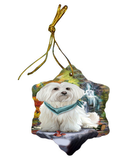 Scenic Waterfall Maltese Dog Star Porcelain Ornament SPOR49483