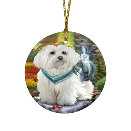 Scenic Waterfall Maltese Dog Round Flat Christmas Ornament RFPOR49482