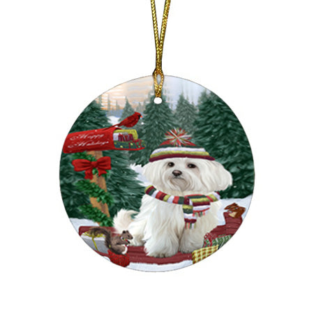 Merry Christmas Woodland Sled Maltese Dog Round Flat Christmas Ornament RFPOR55328