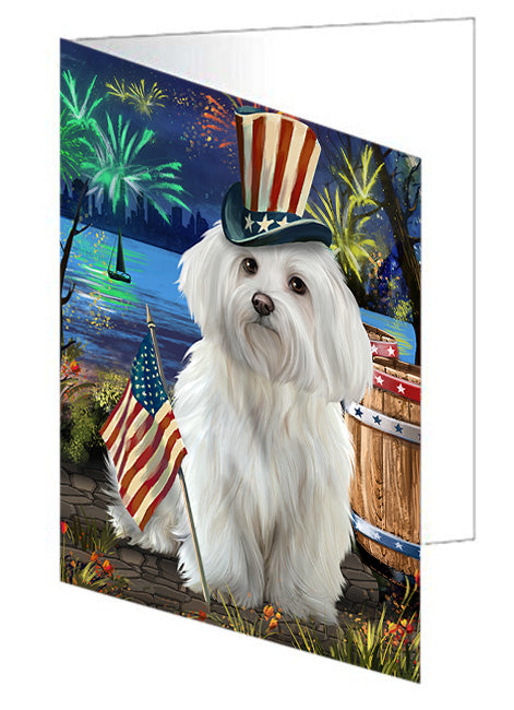 4th of July Independence Day Fireworks Maltese Dog at the Lake Handmade Artwork Assorted Pets Greeting Cards and Note Cards with Envelopes for All Occasions and Holiday Seasons GCD57578