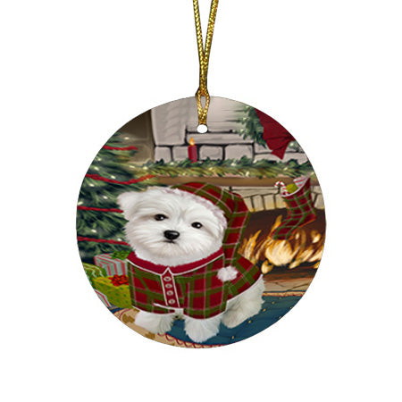 The Stocking was Hung Maltese Dog Round Flat Christmas Ornament RFPOR55716