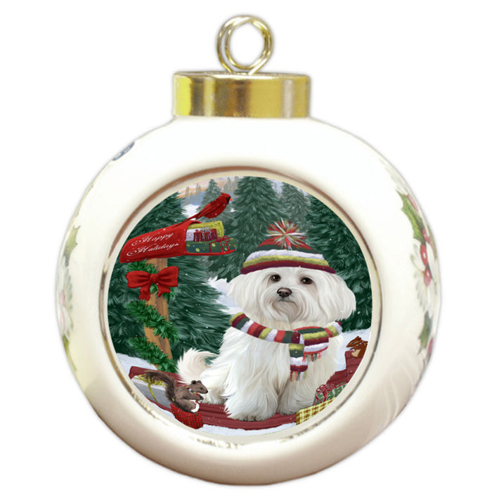Merry Christmas Woodland Sled Maltese Dog Round Ball Christmas Ornament RBPOR55328