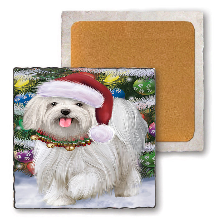 Trotting in the Snow Maltese Dog Set of 4 Natural Stone Marble Tile Coasters MCST50444