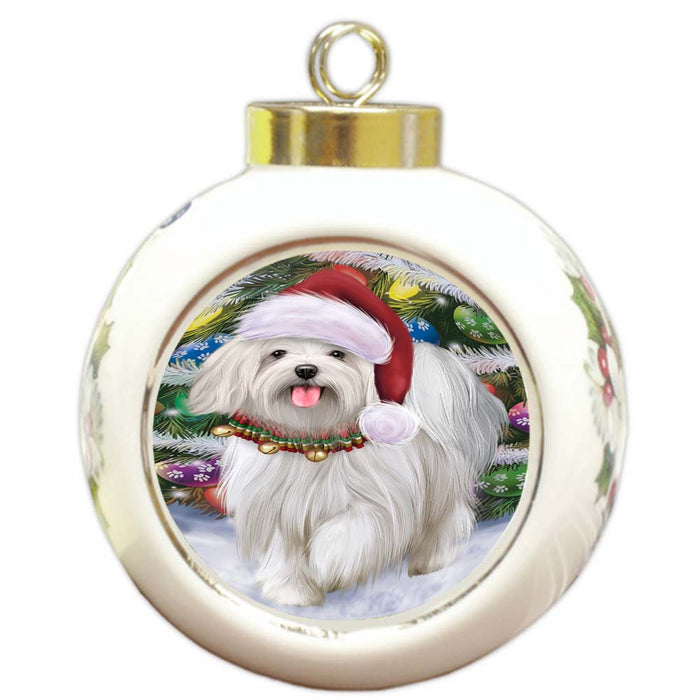 Trotting in the Snow Maltese Dog Round Ball Christmas Ornament RBPOR55800