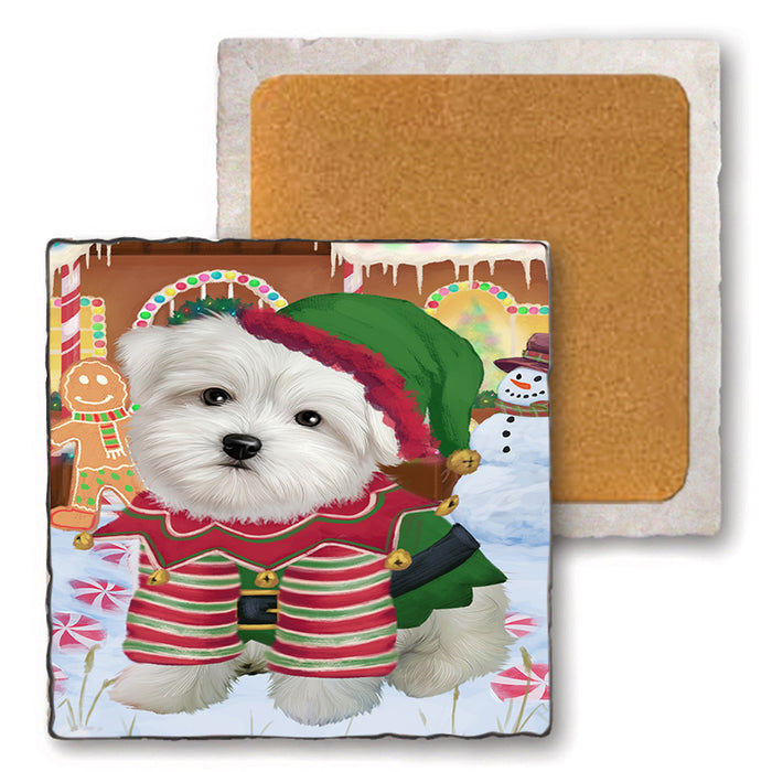Christmas Gingerbread House Candyfest Maltese Dog Set of 4 Natural Stone Marble Tile Coasters MCST51450