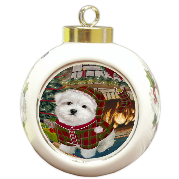 The Stocking was Hung Maltese Dog Round Ball Christmas Ornament RBPOR55716