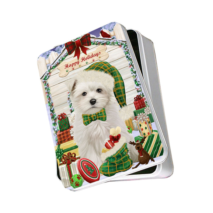 Happy Holidays Christmas Maltese Dog House With Presents Photo Storage Tin PITN52152
