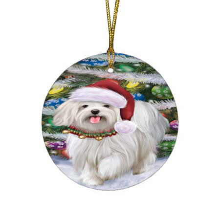 Trotting in the Snow Maltese Dog Round Flat Christmas Ornament RFPOR55800