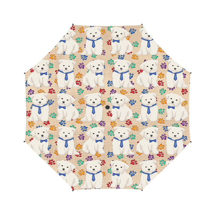 Rainbow Paw Print Maltese Dogs Blue Semi-Automatic Foldable Umbrella