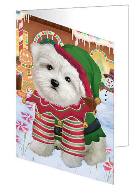 Christmas Gingerbread House Candyfest Maltese Dog Handmade Artwork Assorted Pets Greeting Cards and Note Cards with Envelopes for All Occasions and Holiday Seasons GCD73865