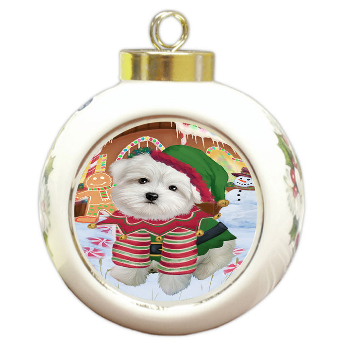 Christmas Gingerbread House Candyfest Maltese Dog Round Ball Christmas Ornament RBPOR56806