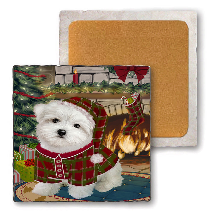 The Stocking was Hung Maltese Dog Set of 4 Natural Stone Marble Tile Coasters MCST50360