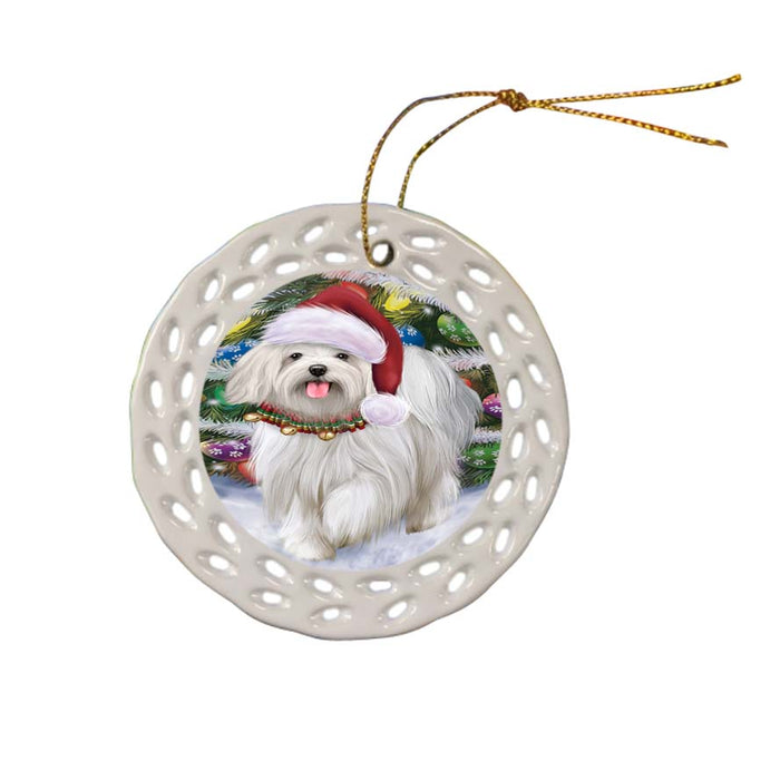 Trotting in the Snow Maltese Dog Ceramic Doily Ornament DPOR55800