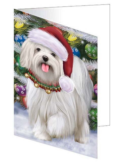 Trotting in the Snow Maltese Dog Handmade Artwork Assorted Pets Greeting Cards and Note Cards with Envelopes for All Occasions and Holiday Seasons GCD70847
