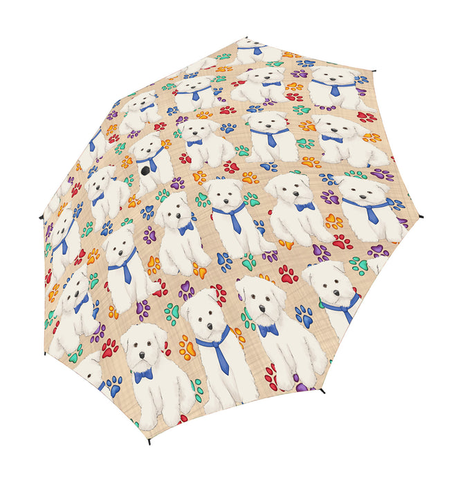 Rainbow Paw Print Maltese Dogs Blue Semi-Automatic Foldable Umbrella
