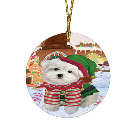 Christmas Gingerbread House Candyfest Maltese Dog Round Flat Christmas Ornament RFPOR56806
