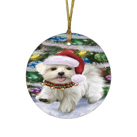 Trotting in the Snow Maltese Dog Round Flat Christmas Ornament RFPOR55801