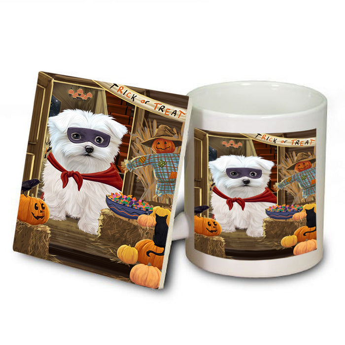 Enter at Own Risk Trick or Treat Halloween Maltese Dog Mug and Coaster Set MUC53182