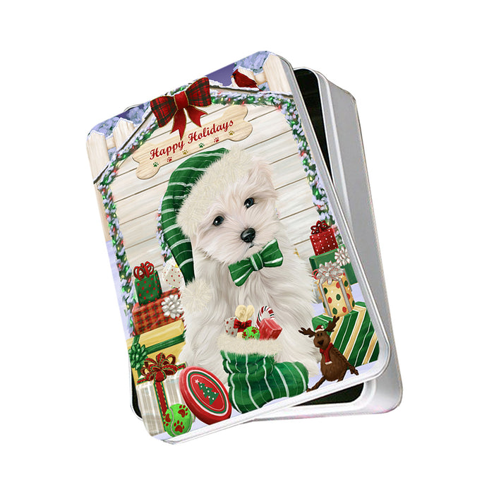 Happy Holidays Christmas Maltese Dog House With Presents Photo Storage Tin PITN52153