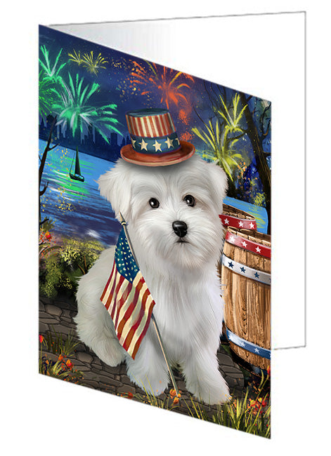 4th of July Independence Day Fireworks Maltese Dog at the Lake Handmade Artwork Assorted Pets Greeting Cards and Note Cards with Envelopes for All Occasions and Holiday Seasons GCD57581