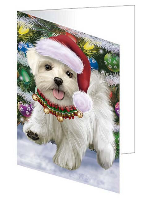 Trotting in the Snow Maltese Dog Handmade Artwork Assorted Pets Greeting Cards and Note Cards with Envelopes for All Occasions and Holiday Seasons GCD70850