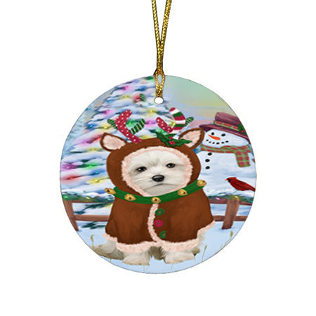 Christmas Gingerbread House Candyfest Maltese Dog Round Flat Christmas Ornament RFPOR56807