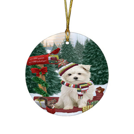 Merry Christmas Woodland Sled Maltese Dog Round Flat Christmas Ornament RFPOR55329