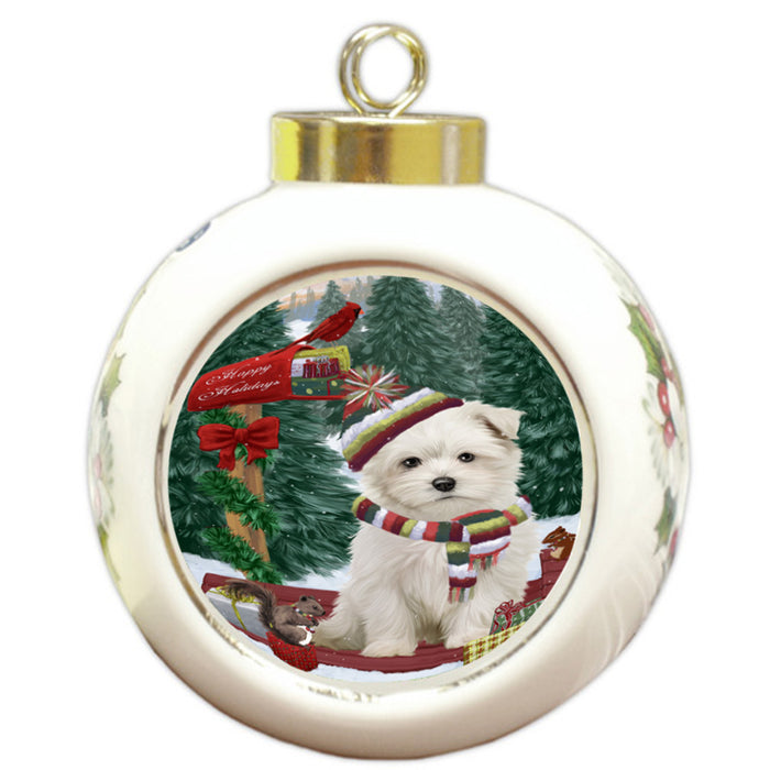 Merry Christmas Woodland Sled Maltese Dog Round Ball Christmas Ornament RBPOR55329