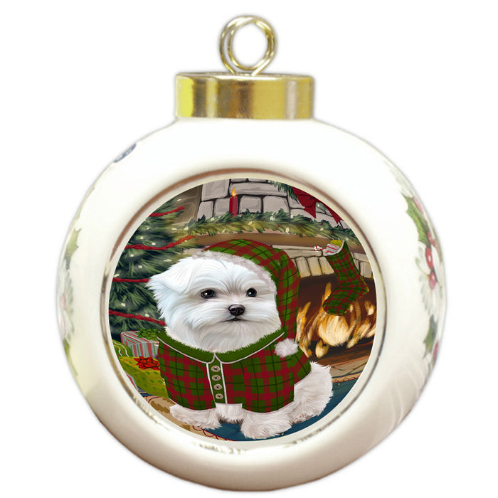 The Stocking was Hung Maltese Dog Round Ball Christmas Ornament RBPOR55717