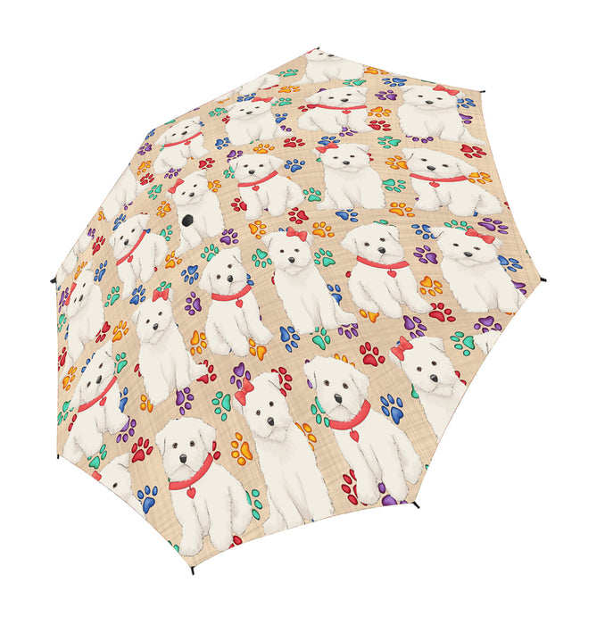 Rainbow Paw Print Maltese Dogs Red Semi-Automatic Foldable Umbrella