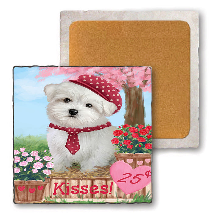 Rosie 25 Cent Kisses Maltese Dog Set of 4 Natural Stone Marble Tile Coasters MCST50968