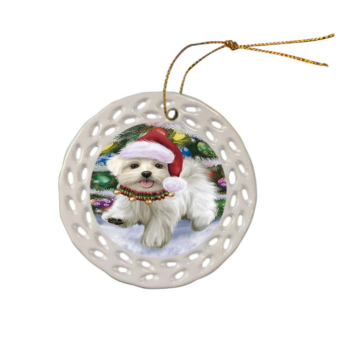 Trotting in the Snow Maltese Dog Ceramic Doily Ornament DPOR55801