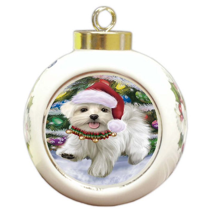 Trotting in the Snow Maltese Dog Round Ball Christmas Ornament RBPOR55801