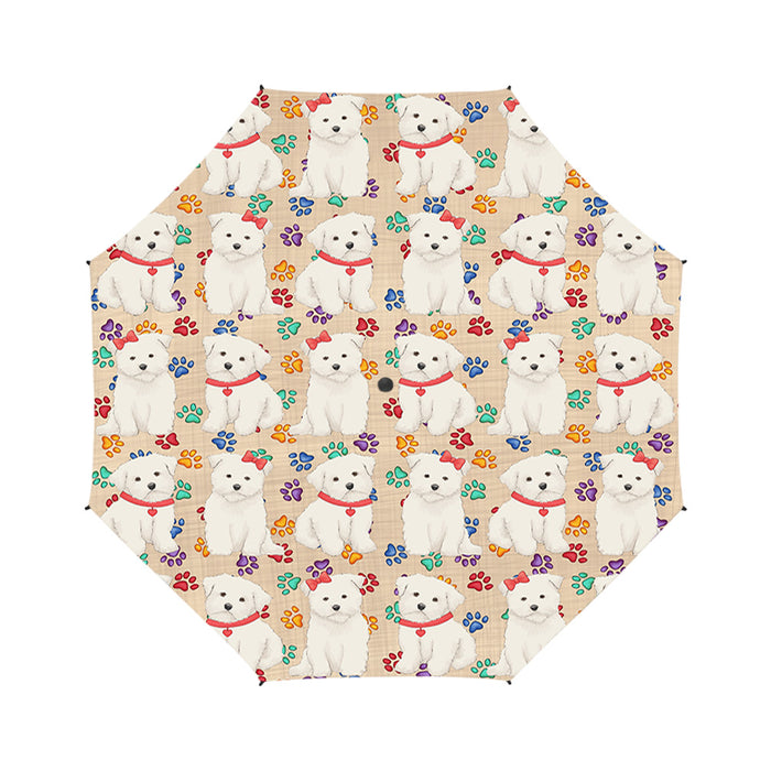 Rainbow Paw Print Maltese Dogs Red Semi-Automatic Foldable Umbrella
