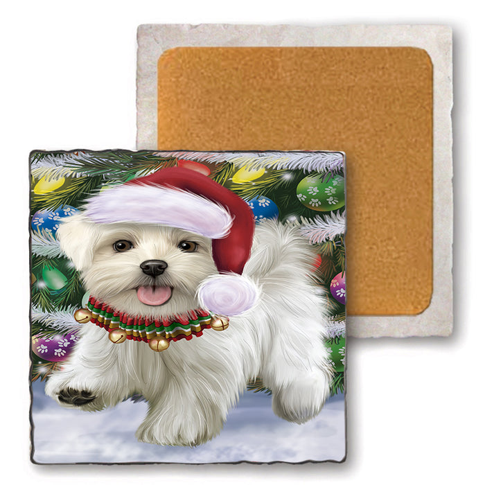 Trotting in the Snow Maltese Dog Set of 4 Natural Stone Marble Tile Coasters MCST50445