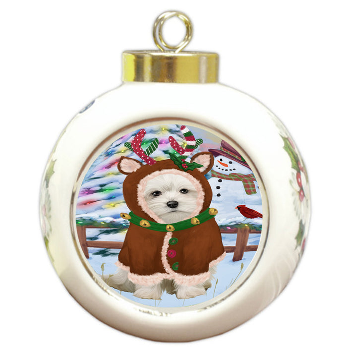 Christmas Gingerbread House Candyfest Maltese Dog Round Ball Christmas Ornament RBPOR56807