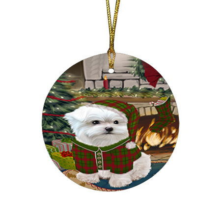 The Stocking was Hung Maltese Dog Round Flat Christmas Ornament RFPOR55717