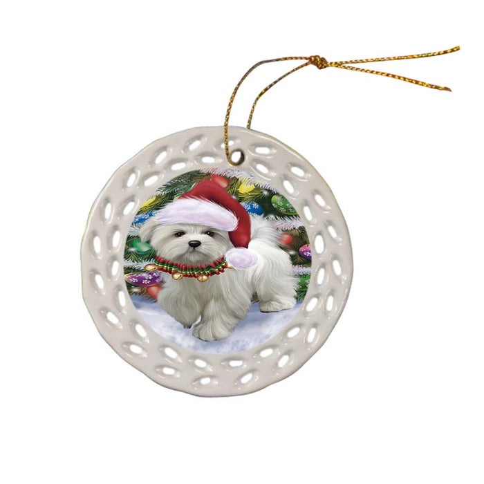 Trotting in the Snow Maltese Dog Ceramic Doily Ornament DPOR55802