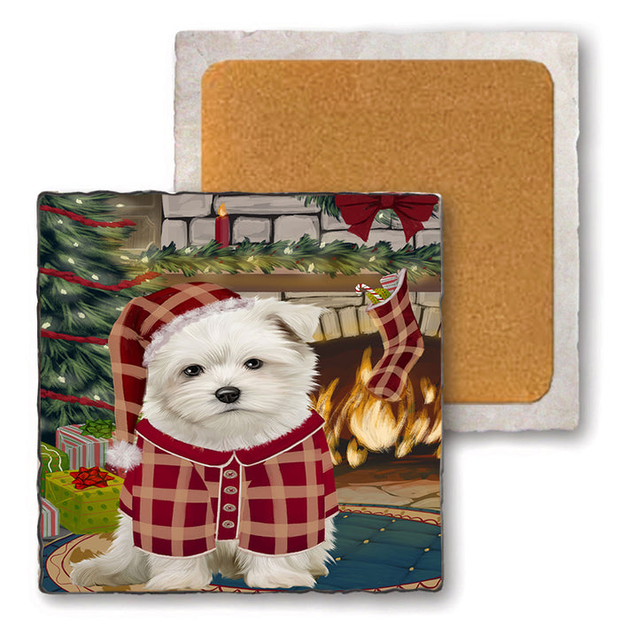 The Stocking was Hung Maltese Dog Set of 4 Natural Stone Marble Tile Coasters MCST50362