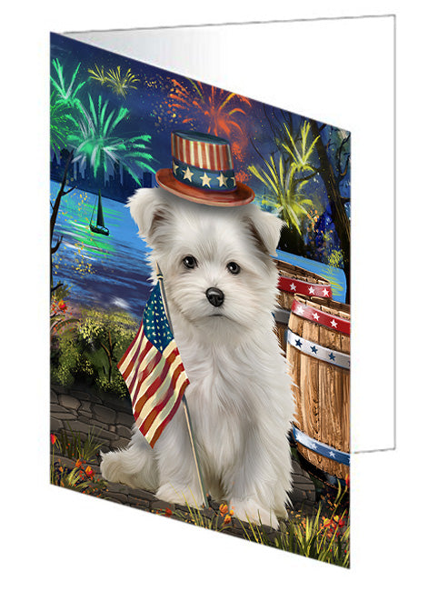 4th of July Independence Day Fireworks Maltese Dog at the Lake Handmade Artwork Assorted Pets Greeting Cards and Note Cards with Envelopes for All Occasions and Holiday Seasons GCD57584