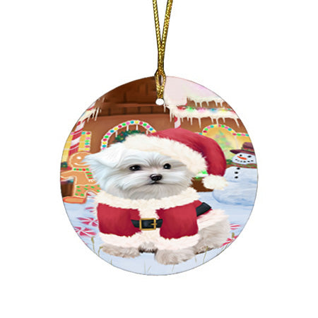 Christmas Gingerbread House Candyfest Maltese Dog Round Flat Christmas Ornament RFPOR56808