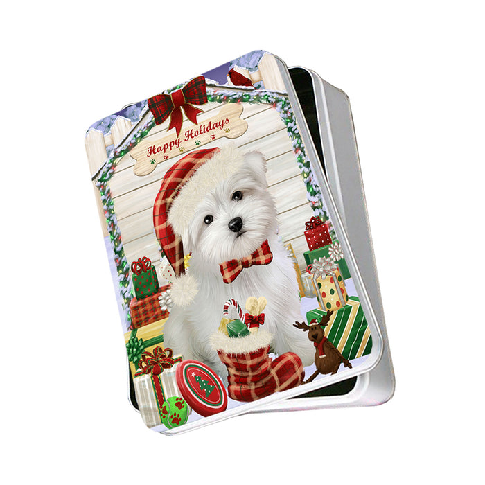 Happy Holidays Christmas Maltese Dog House With Presents Photo Storage Tin PITN52154
