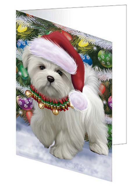Trotting in the Snow Maltese Dog Handmade Artwork Assorted Pets Greeting Cards and Note Cards with Envelopes for All Occasions and Holiday Seasons GCD70853