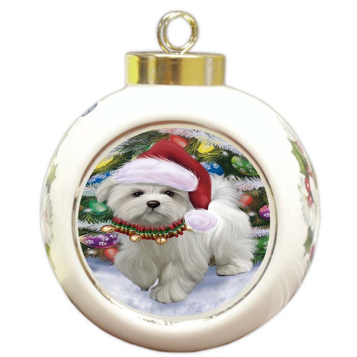Trotting in the Snow Maltese Dog Round Ball Christmas Ornament RBPOR55802